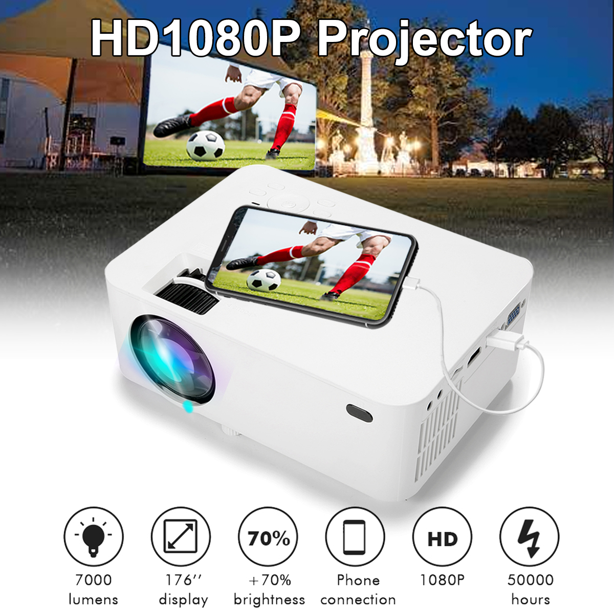 Augibe 10000 Lumen 1080P 3D CINEMA LED Mini Projector Multimedia HDMI/USB/SD/VGA/TF 6