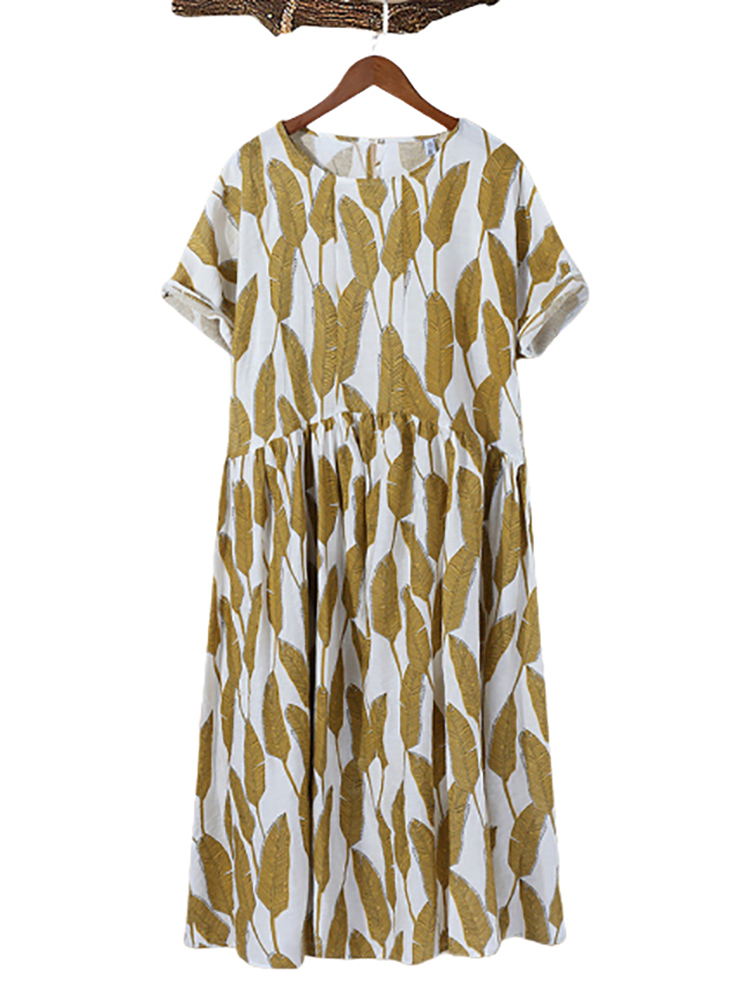 

Casual Leaves Print Patch Crew Neck Dress