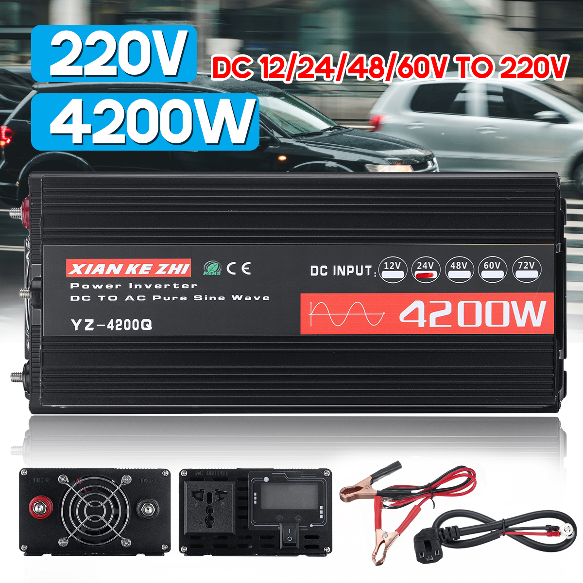 4200W/2600W LCD Display Pure Sine Wave Inverter 12/24/48/60V TO 220V Hpusehold Car USB High Power Inverter W/ 6 Protections Converter