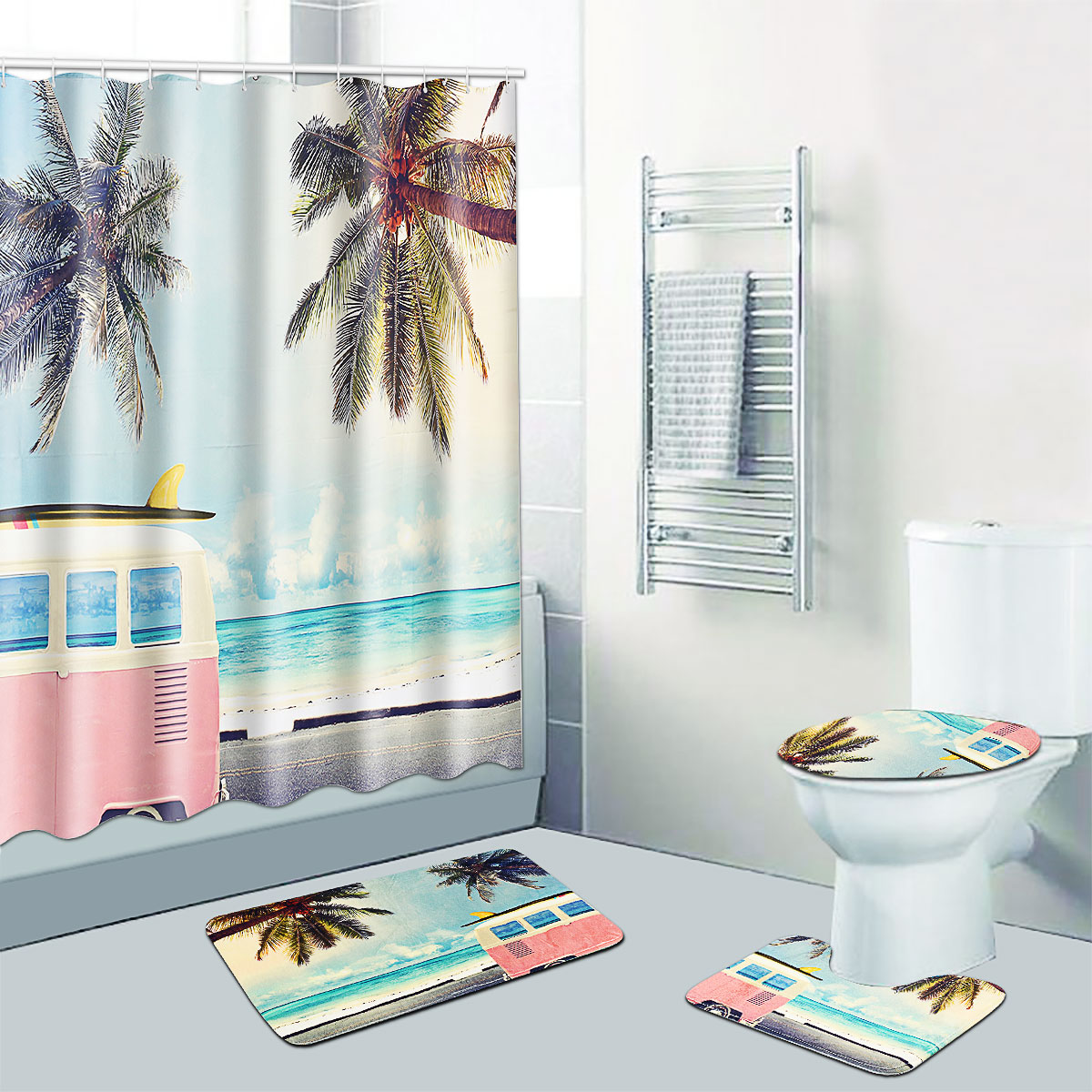 4Pcs Sunset Beach Shower Curtain Set with Non-Slip Rug Toilet Seat Mat Cover 