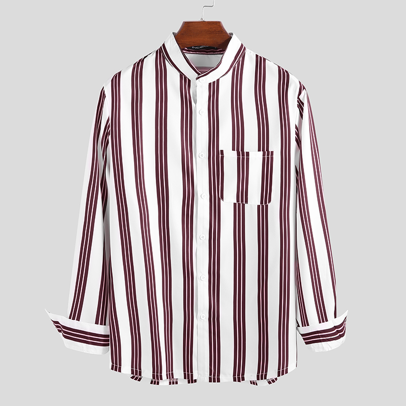 

Men Vertical Stripe Long Sleeve Stand Collar Relaxed Shirts
