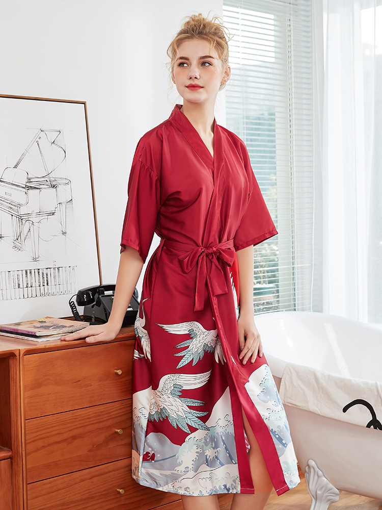 

Crane Print Habenal V-Neck Half Sleeve Kimono Robe Nightgown