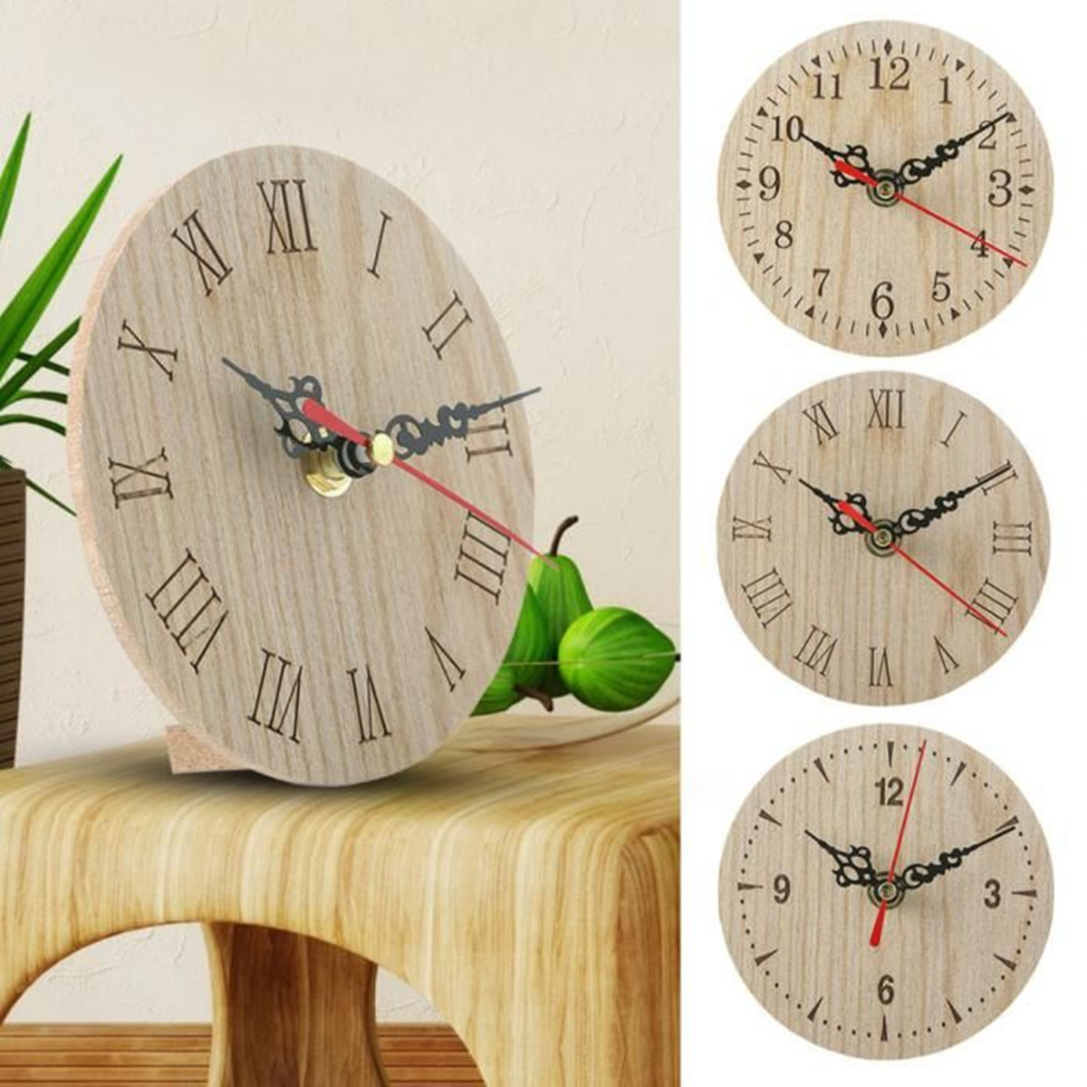 

12cm Round Wooden Table Clock Battery Powered Office Home Living Room Decor