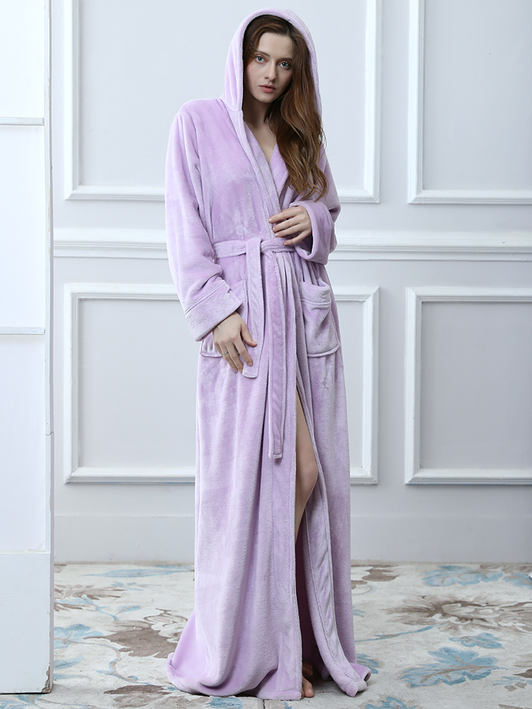 

Flannel Long Sleeve Hooded Thicken Maxi Robe Nightgown