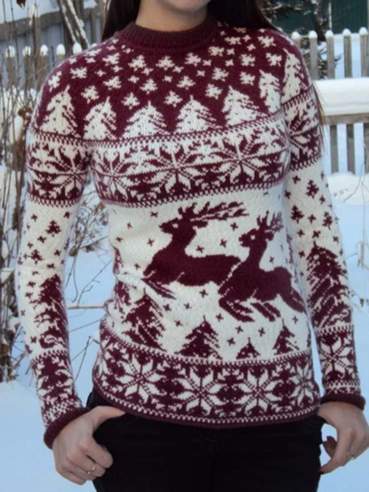 

Christmas Print O-neck Long Sleeve Causal Kinit Sweaters