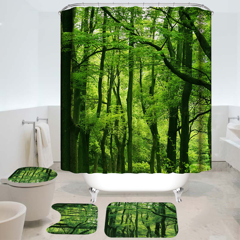 

180cmx180cm Forest Style Shower Curtain 3Pcs Carpets Bath Cover Mat For Bathroom