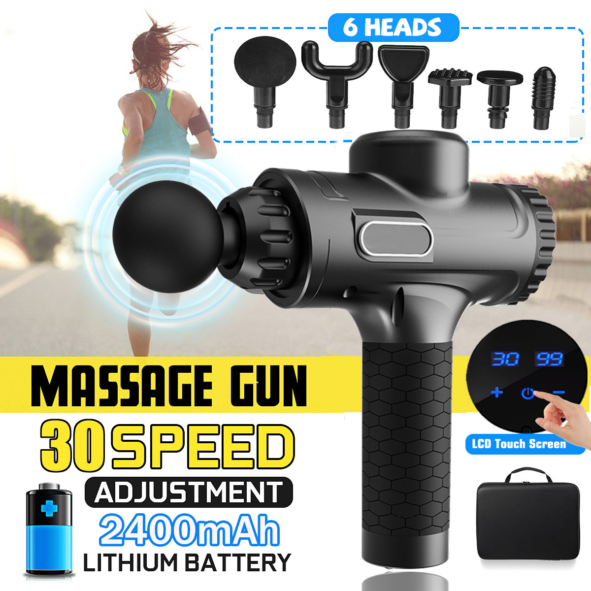 [Deluxe Edition] LCD 30 Speed Deep Percussion Massager Muscle Relief 2400mAh Electric Massager High Frequency Vibration w/ 6 Heads