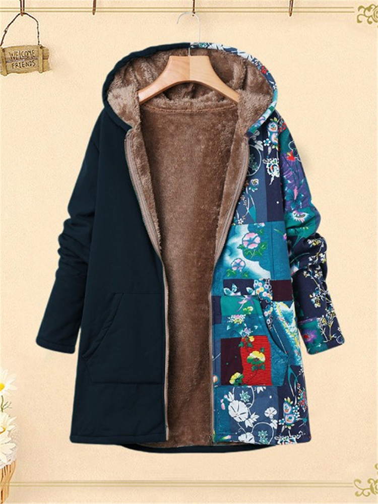 

Плюс Размер Женское Винтаж Цветочный принт Лоскутное пальто с капюшоном