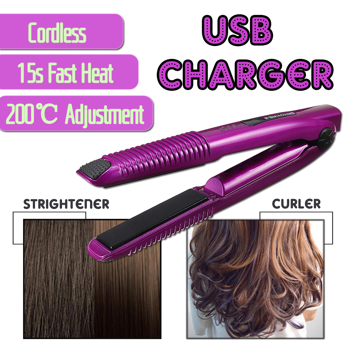 

Portable USB Hair Straightener Styling Hair Curler Waver Wireless Ceramic Flat Iron