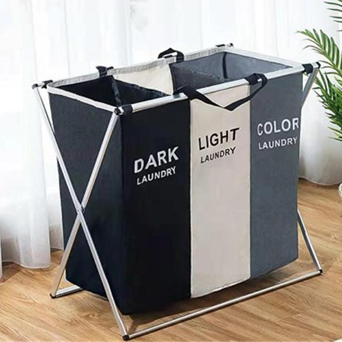 

X-Shape Foldable Dirty Laundry Basket Organizer Printed Collapsible Three Grid Home Laundry Hamper Sorter Laundry Storag