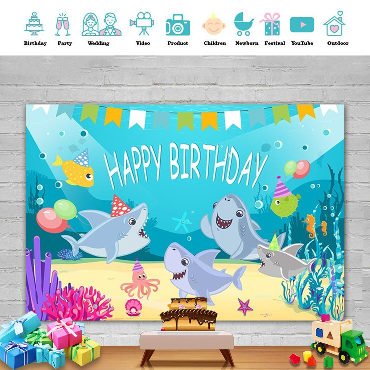 Shark Photography Backdrop Baby Shower Party Birthday Ocean Sea Background Party Decorations