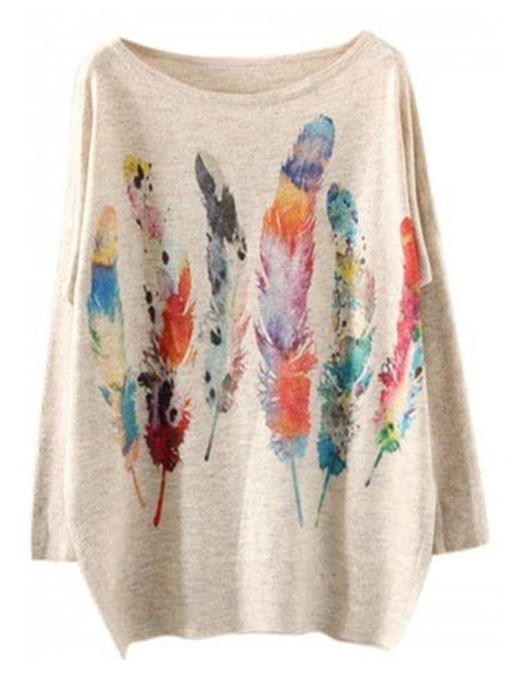 

Women Casual Crew Neck Feather Print Long Sleeve Blouse
