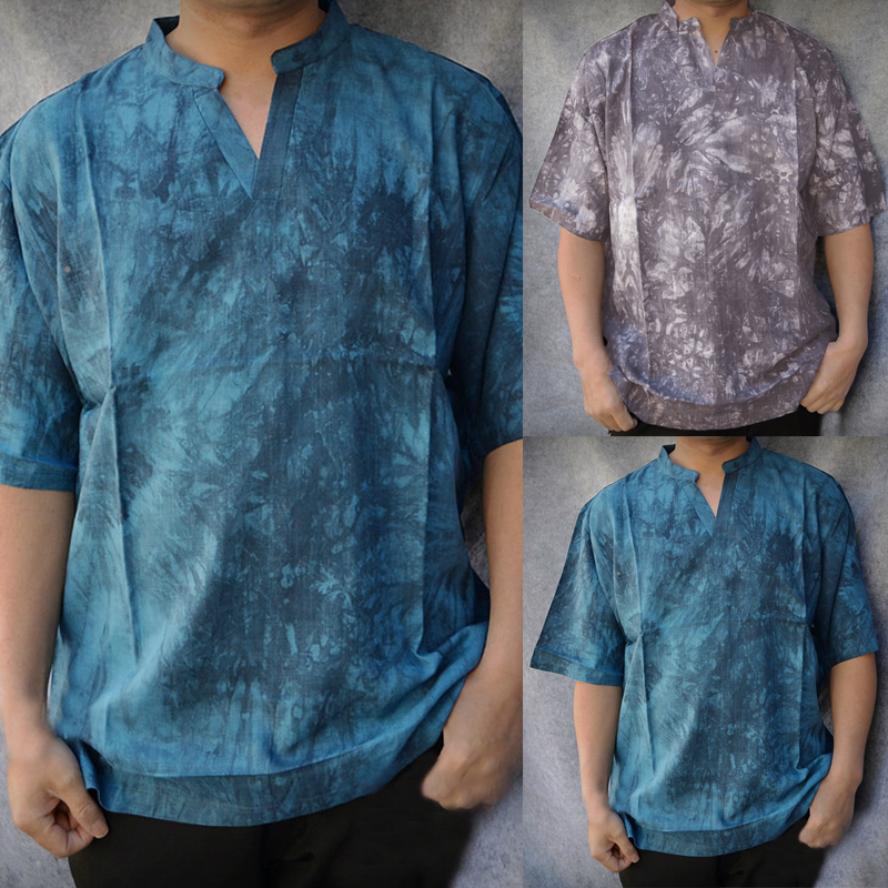 

Men's Tie-dye Loose V-neck Short Sleeve T-shirts Ethnic Floral Hawaii Tops Tees