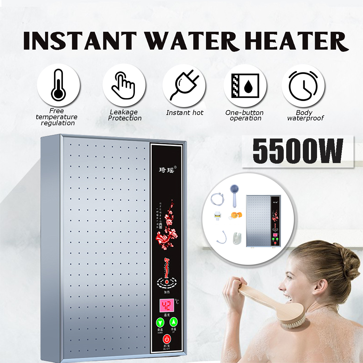 

5500W 220V Tankless Water Heater Instant Electric 3s Hot Water Boiler Shower Set