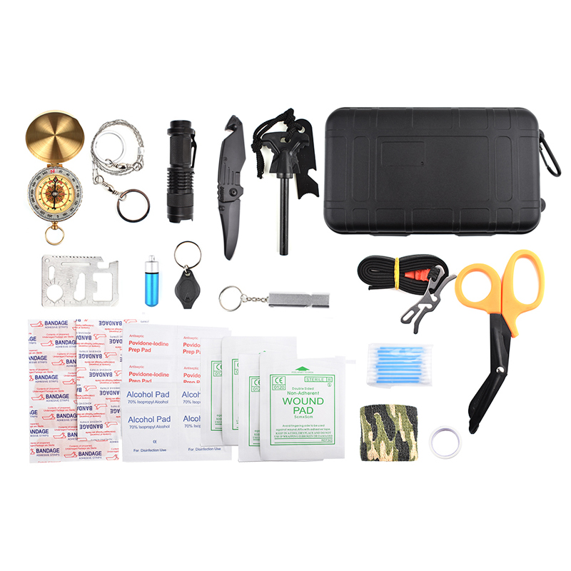 

20 In 1 Multifunctional Tools Waterproof Survival Tactical Box Scissors Flashlight Compass Tourniquet Whistle Camping Hi