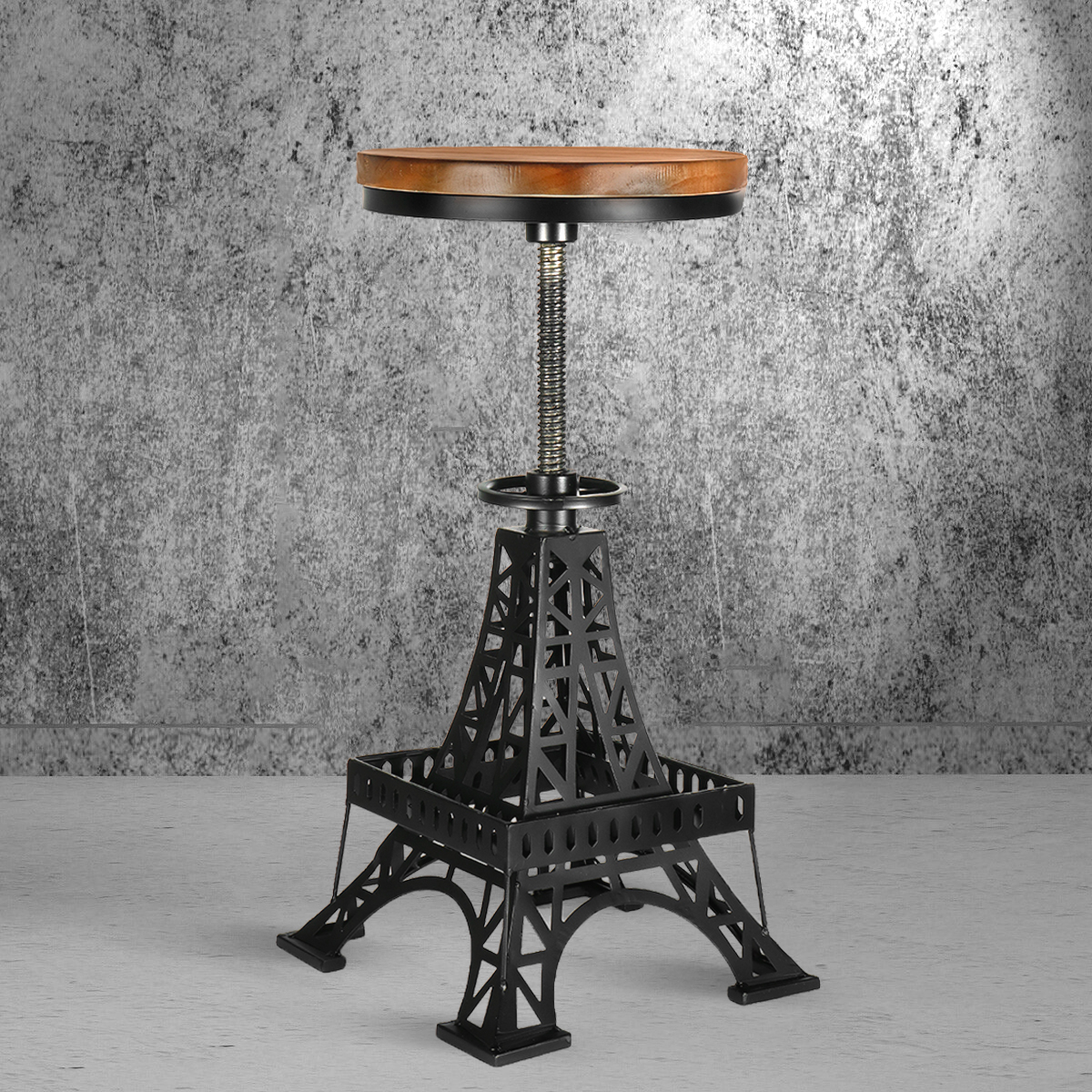 

Vintage Unique Industrial Iron Tower Metal Black Bar Stool Chair Round Wooden Top Kitchen Side Table Adjustable Height