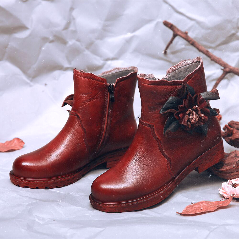 

SOCOFY Women Handmade Flower Leather Casual Ankle Boots