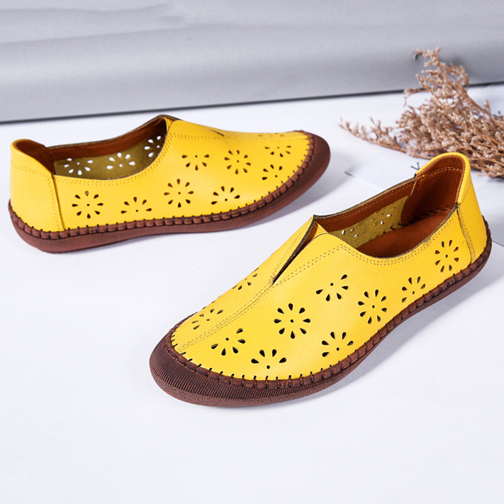 

Women Genuine Leather Slip On Elastic Band Breathable Hollow Out Spring Causal Flats Loafers