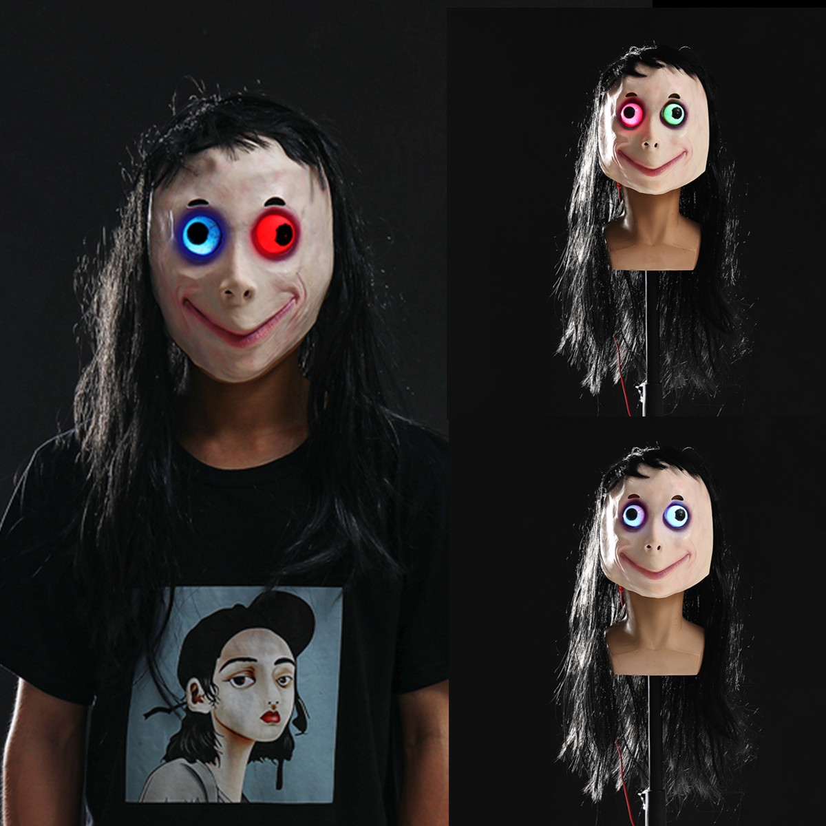 

LED Scary Momo Mask Game Horror Mask Cosplay Full Head Momo Mask Big Eye With Long Wigs Halloween Party Props