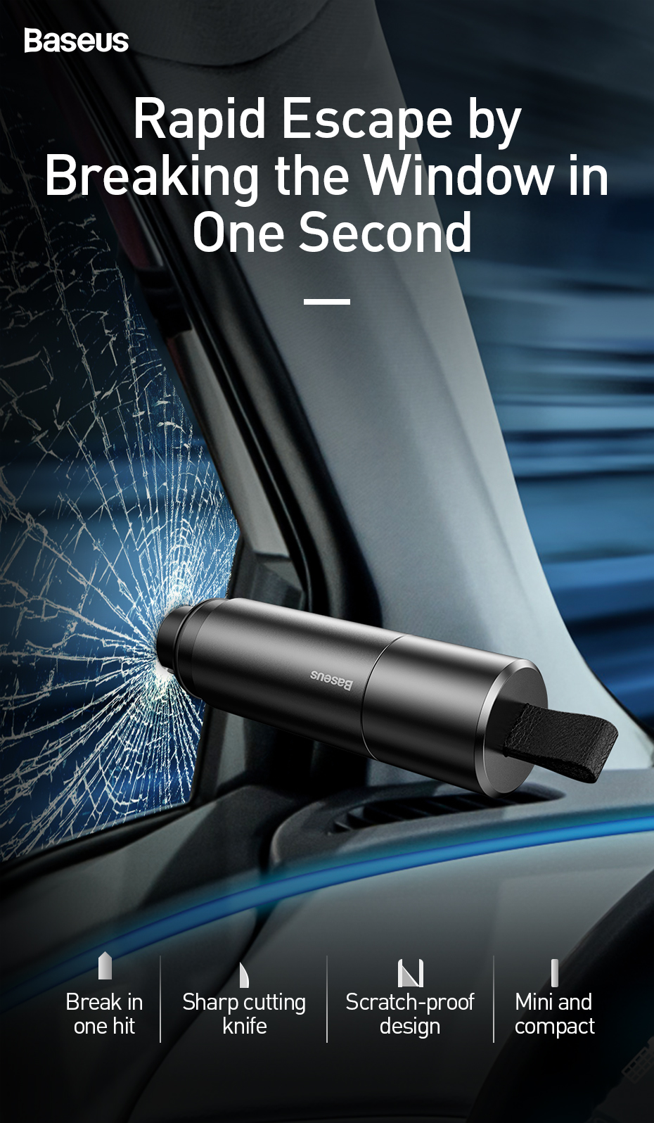 Baseus Mini Car Window Glass Breaker Seat Belt Cutter Safety Hammer Life-Saving Escape Hammer Cutting Interior Accessories 17
