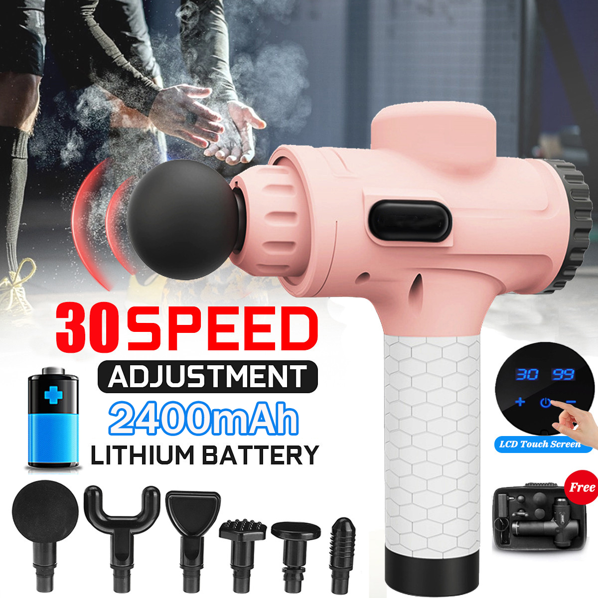 [Deluxe Edition] LCD 30 Speed Deep Percussion Massager Muscle Relief 2400mAh Electric Massager High Frequency Vibration w/ 6 Heads