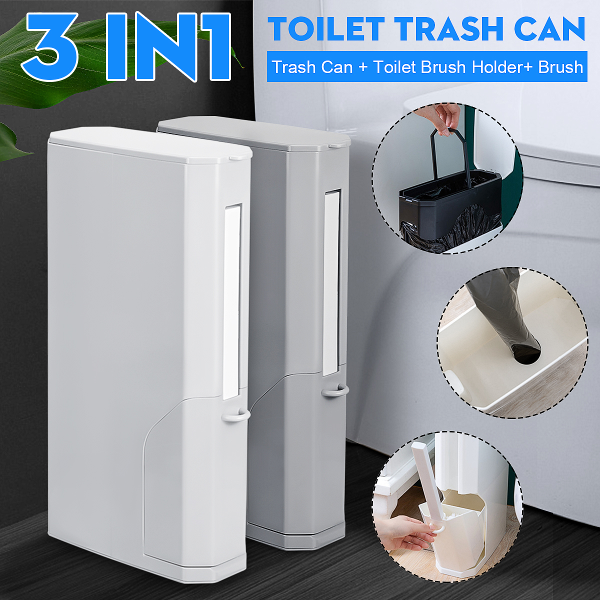 

3 In 1 10L Narrow Trash Can Set With Toilet Brush Bathroom Waste Bins Dustbin Garbage Storage