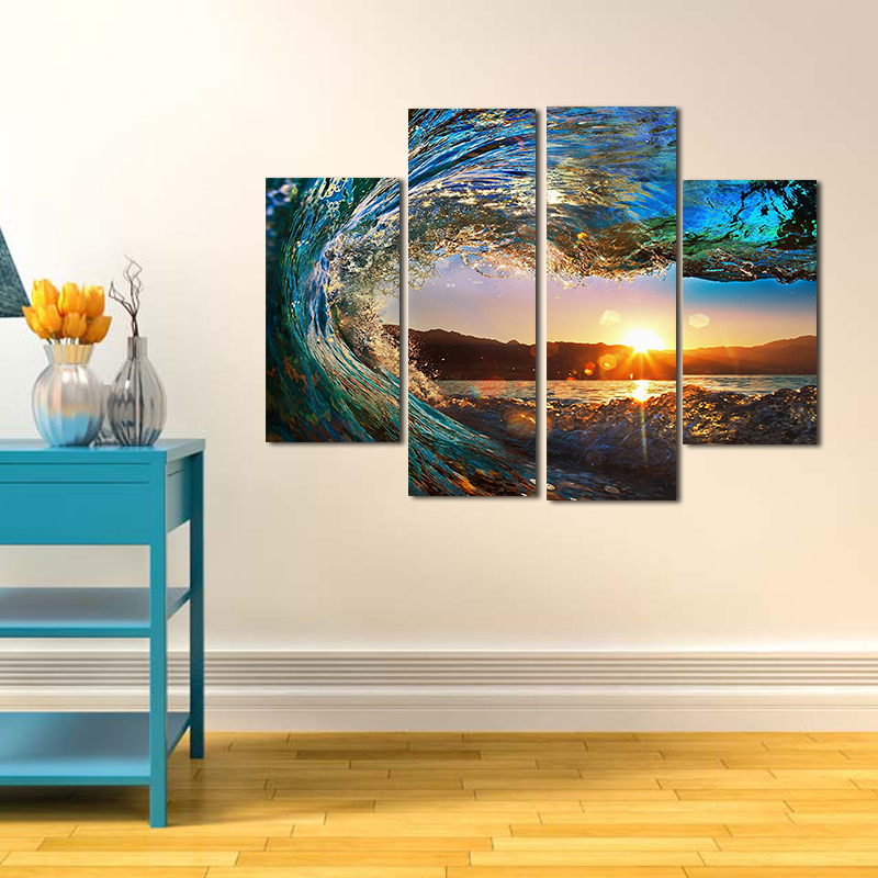 

Miico Hand Painted Four Combination Decorative Paintings Wave Sunset Wall Art For Home Decoration