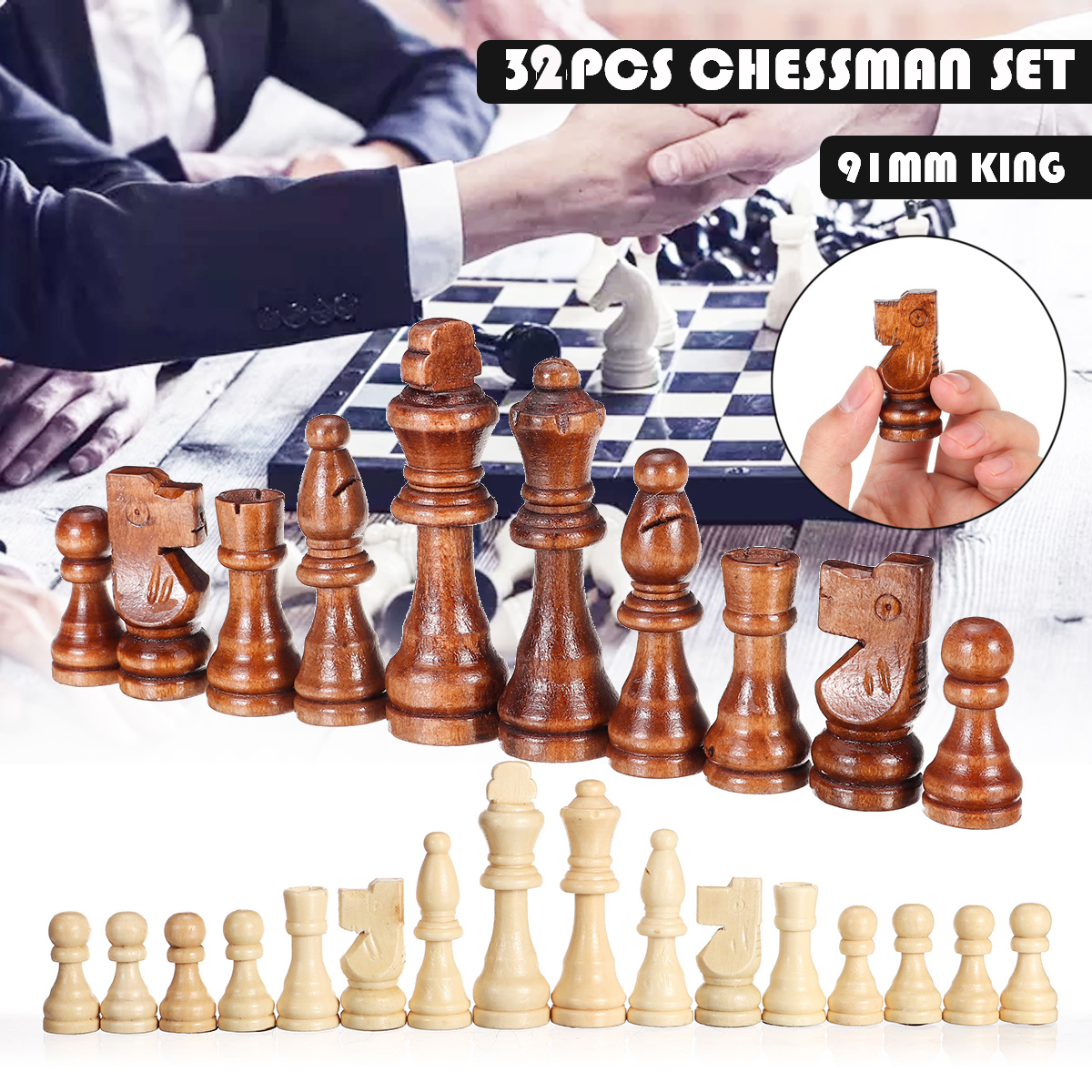 32 Piece Wooden Carved Chess 91mm King Chessman Hand Crafted Set Outdoor 