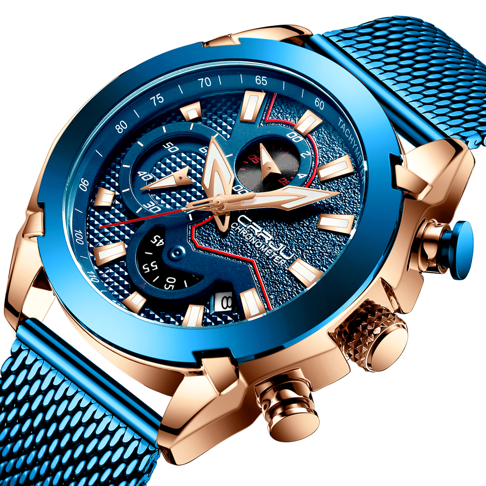 

CRRJU 2219 Мужчины Хронограф Световой Дисплей Полный стальной ремешок Мода Синий циферблат Кварцевые часы