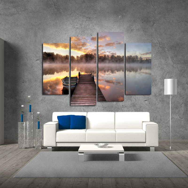 

Miico Hand Painted Four Combination Decorative Paintings Foggy Lake Surface Wall Art For Home Decoration