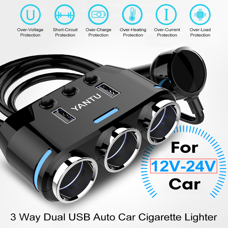 Dual USB Port 3 Way Auto Charger Car Ci garette Lighter Full Function Socket Splitter Adapter 8