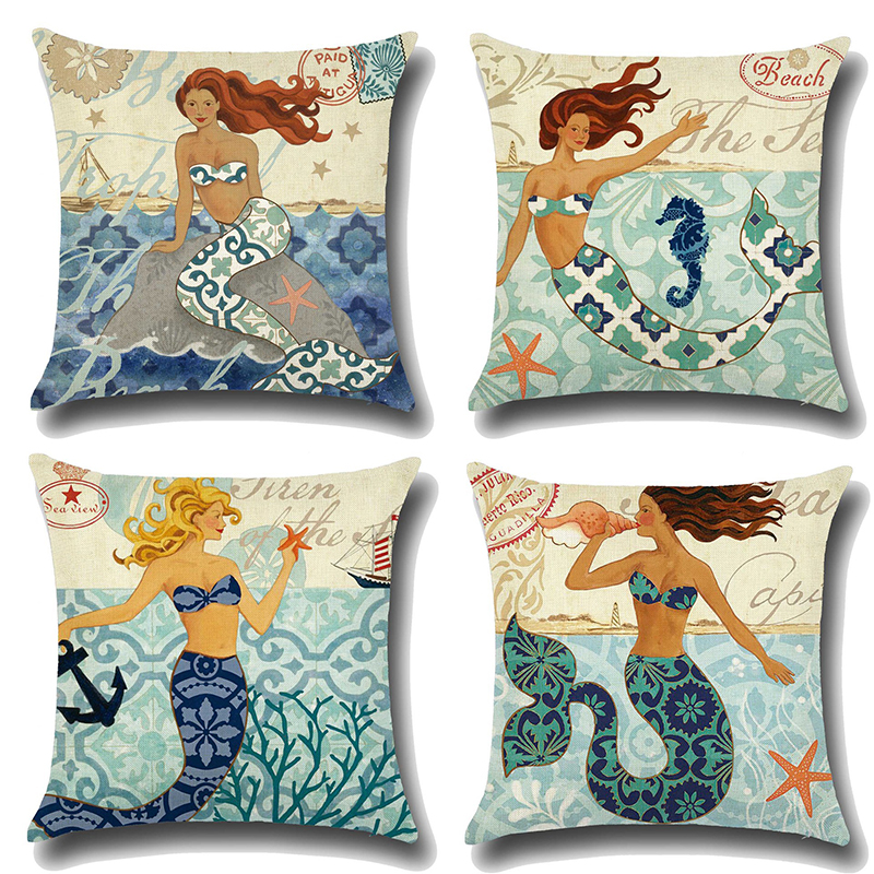 

Cartoon Mermaid Printed Cotton Linen Square Cushion Cover House Sofa Car Decor Pillow Case