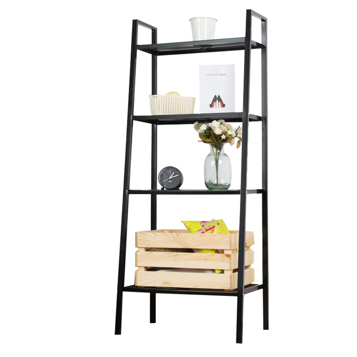 

4 Tiers Ladder Bookshelf Grid/Iron Wire Design Ladder Storage Rack Shelves Plants Stand for Home Bedroom Living Room Office