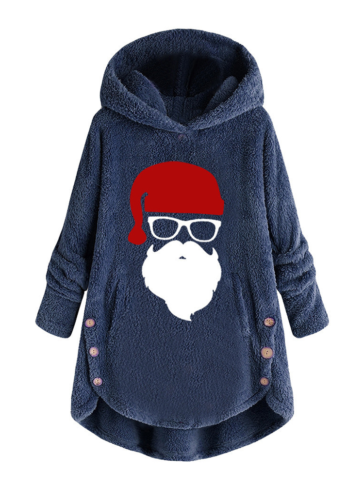 

Santa Claus Print Button Hooded Fleece Sweatshirt Warm Coats