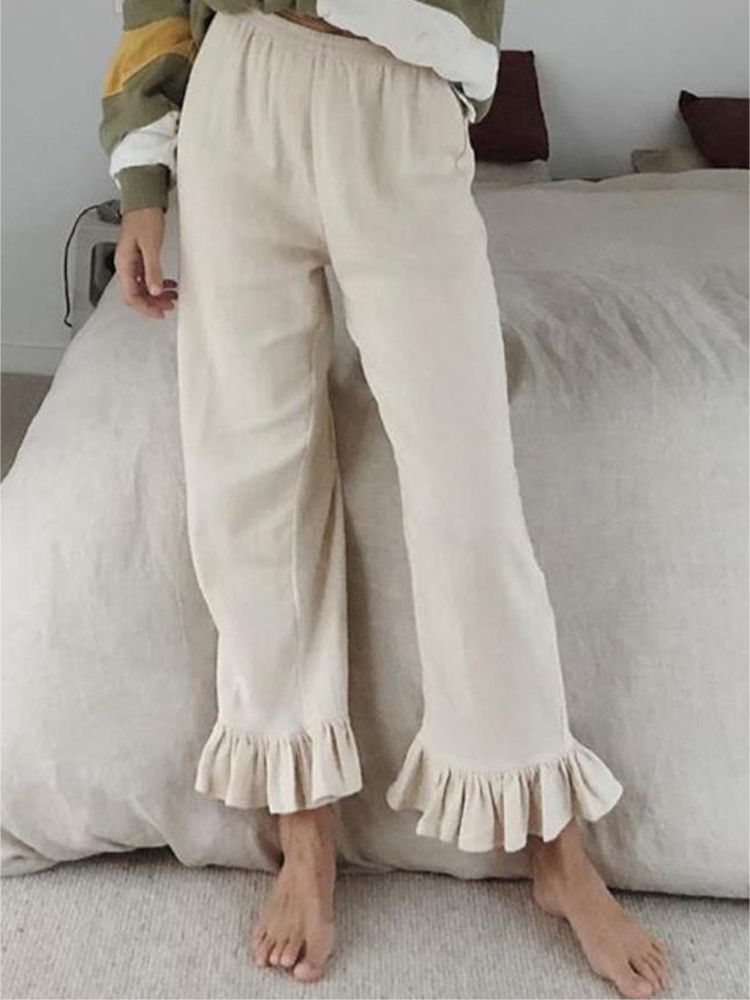 

Solid Color Ruffled Casual Flare Pants