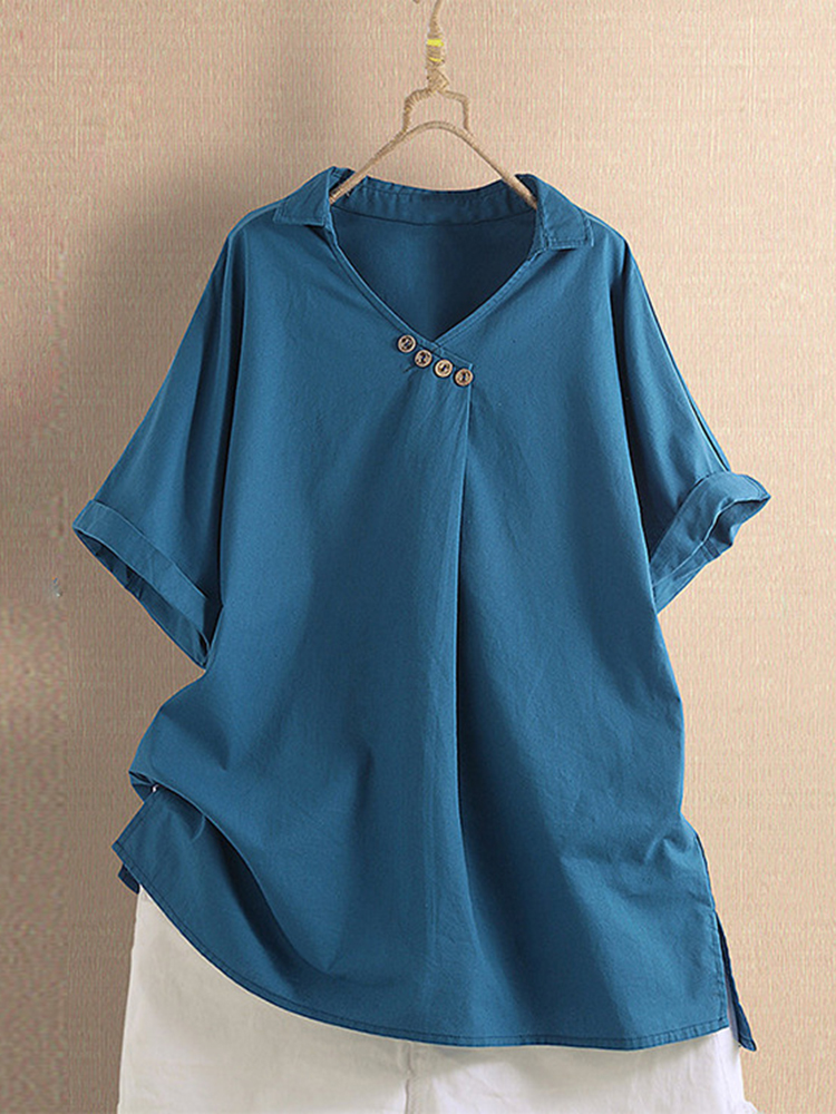 

Solid Color V-Neck Turn-down Collar Button Wowen Blouse