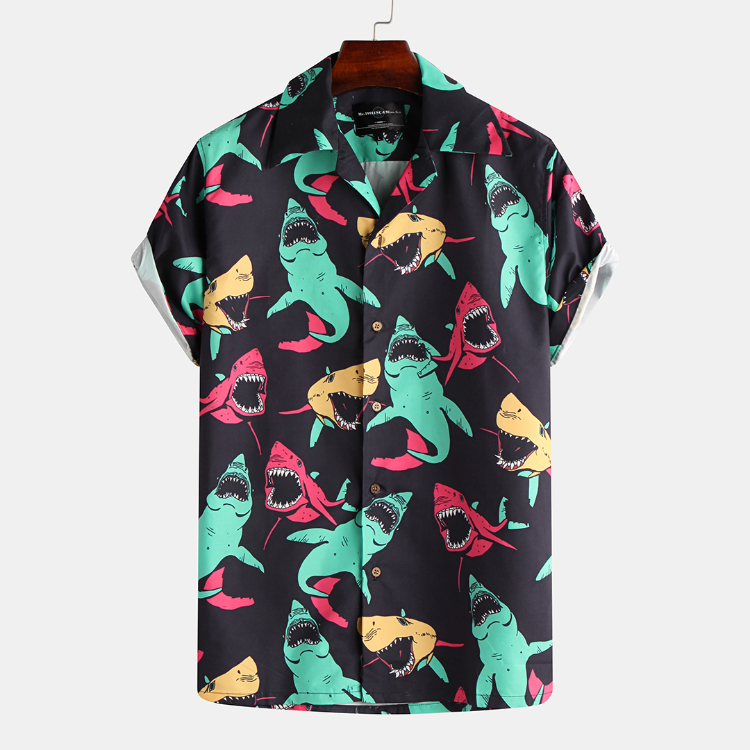 

Men Color Shark Printed Short Sleeve Casual Revere Collar