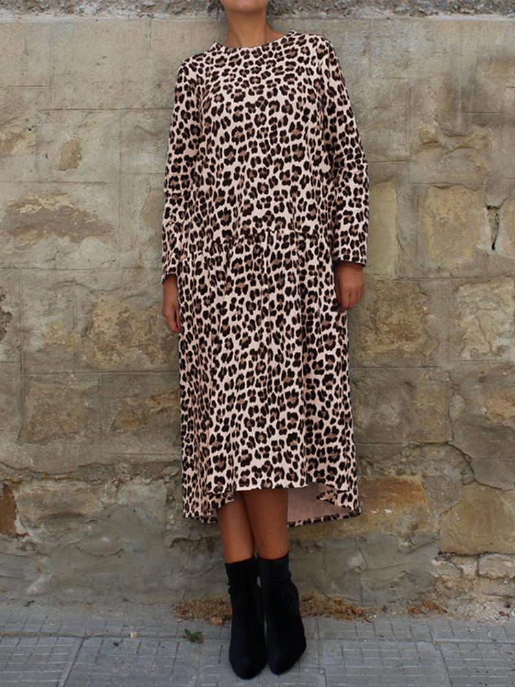 

Women Long Sleeve Crew Neck Leopard Print Midi Dress