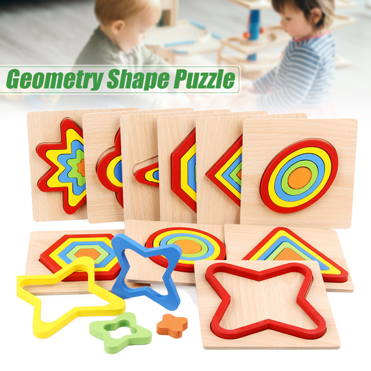Shape Cognition Board Geometry Jigsaw Puzzle Wooden Kids Educational Learning Toys 14