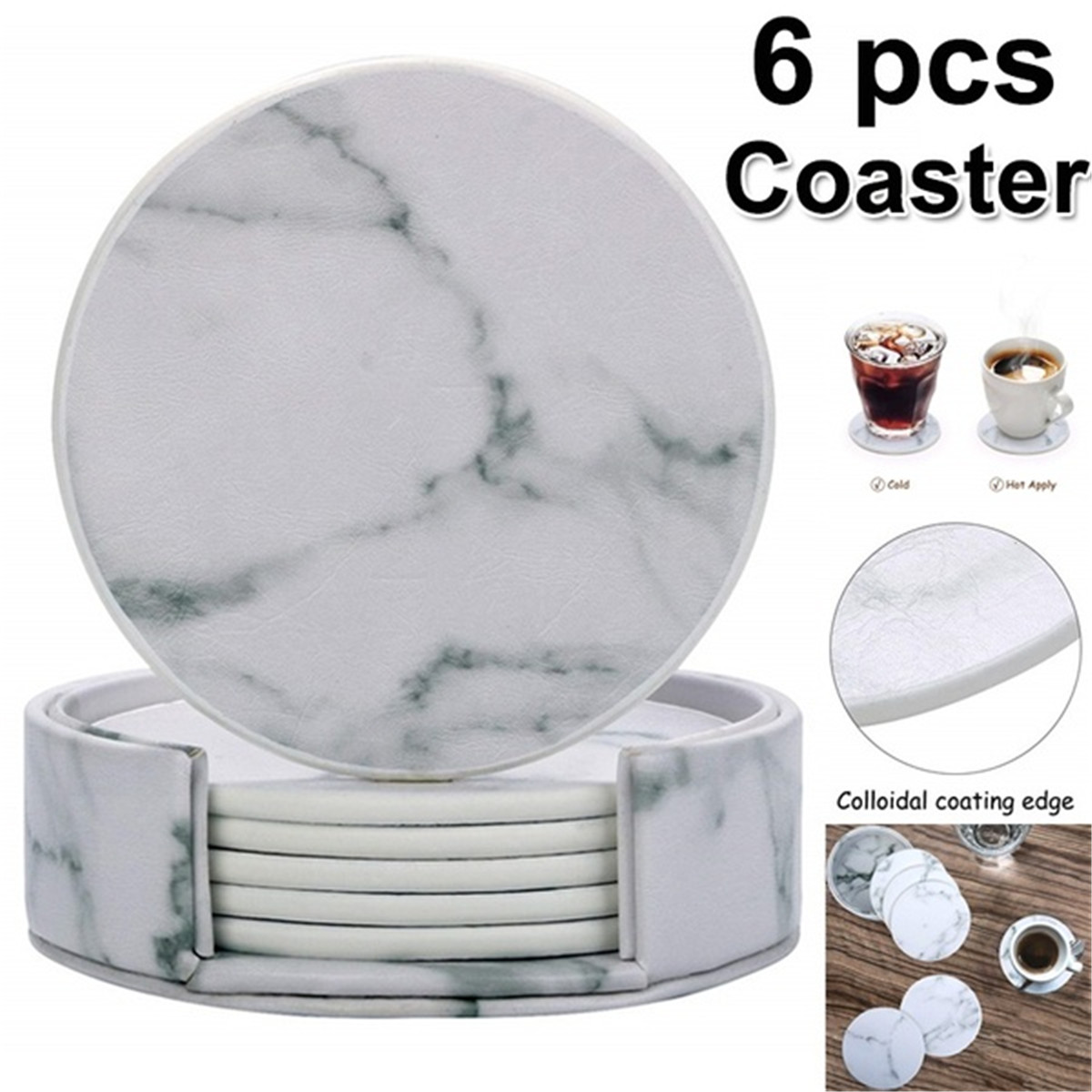 

6Pcs Marble Cup Coaster Round Leather Heat Insulation Mat for Kitchen Table Home