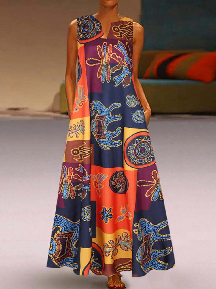 

Элегантный V-образный вырез без рукавов с цветочным принтом Женское Maxi Платье