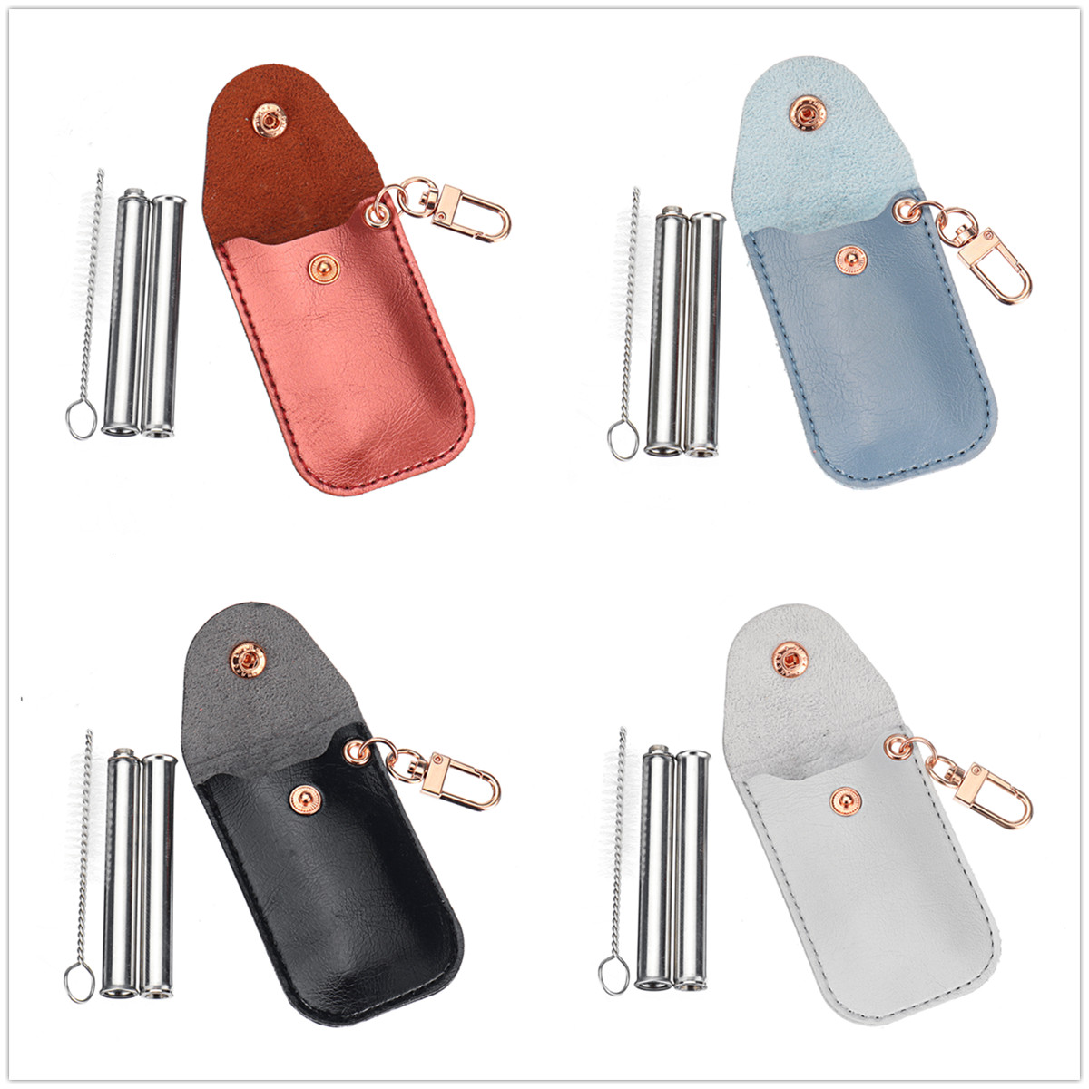

Portable Reusable Stainless Steel Reusable Foldable Drinking Straws + PU Leather Storage Case + Cleaning Brush