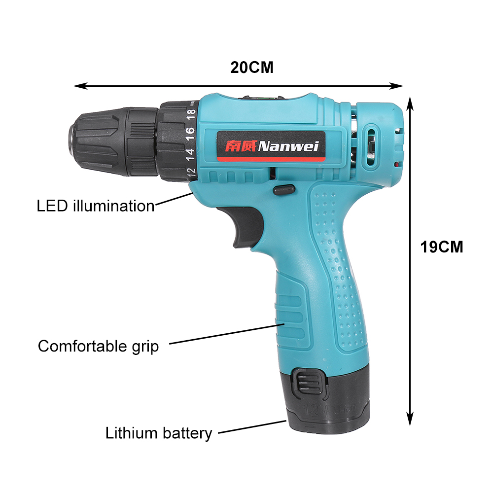 12V Cordless Drill Impact Driver 2 Lithium Rechargeable LED Worklight Hand Electric Power Tools 18