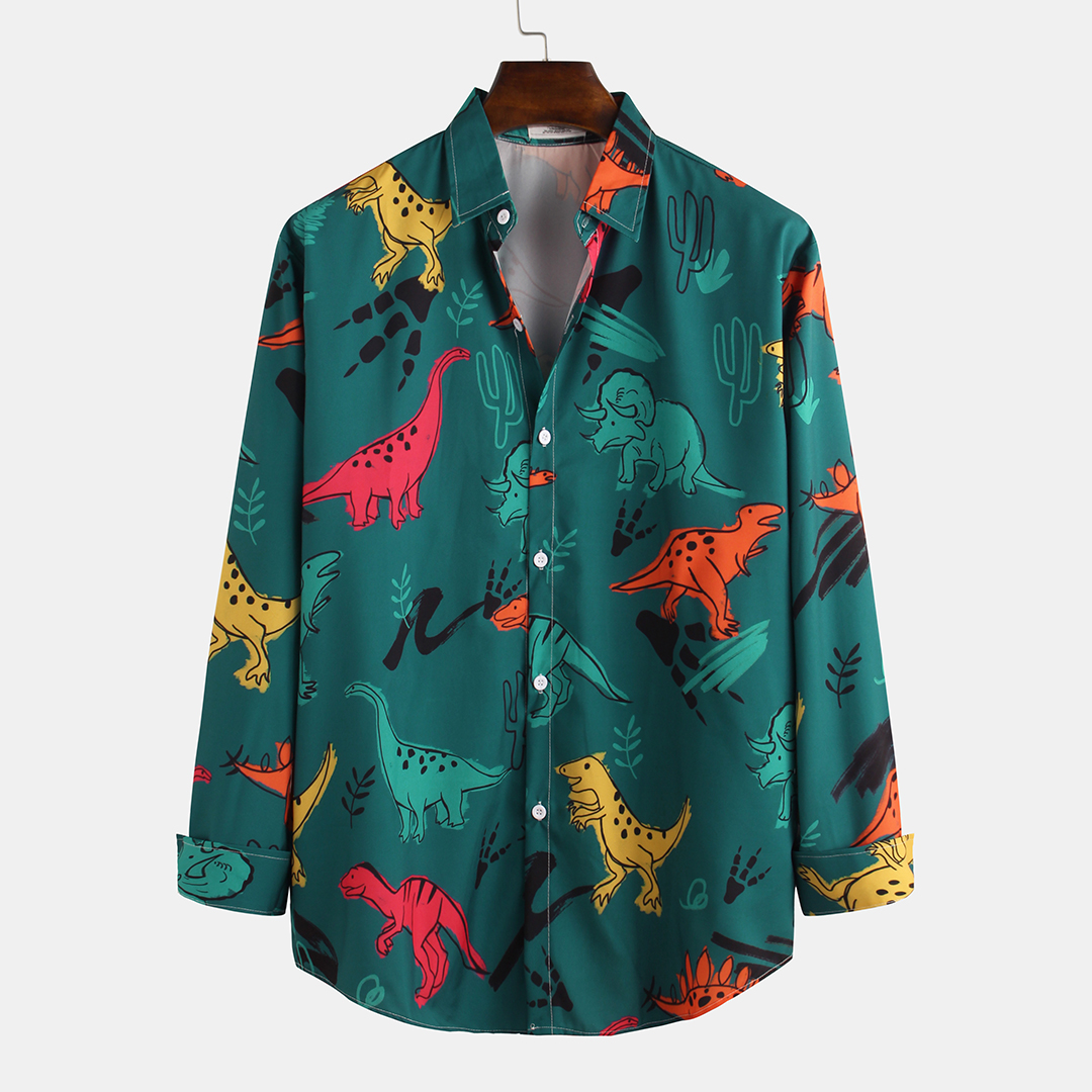

Мода Динозавр Печать с длинным рукавом Мужские повседневные рубашки