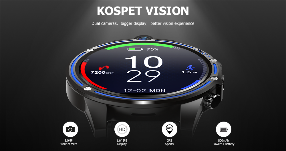 Kospet Vision 1.6' LTPS Crystal Display 3G+32G 5.0MP Front-facing Dual Camera 4G-LTE Video Call 800mAh Google Play Leather Strap Smart Watch Phone 7