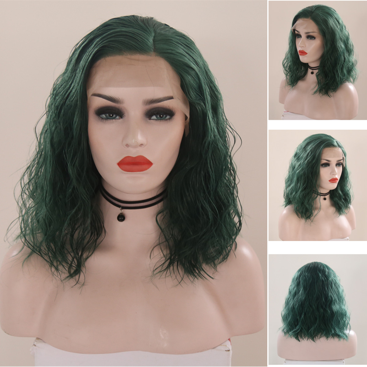 

14" Ladies Front Lace Dark Green Long Curly Wigs Natural Wavy Hair Cosplay Wig