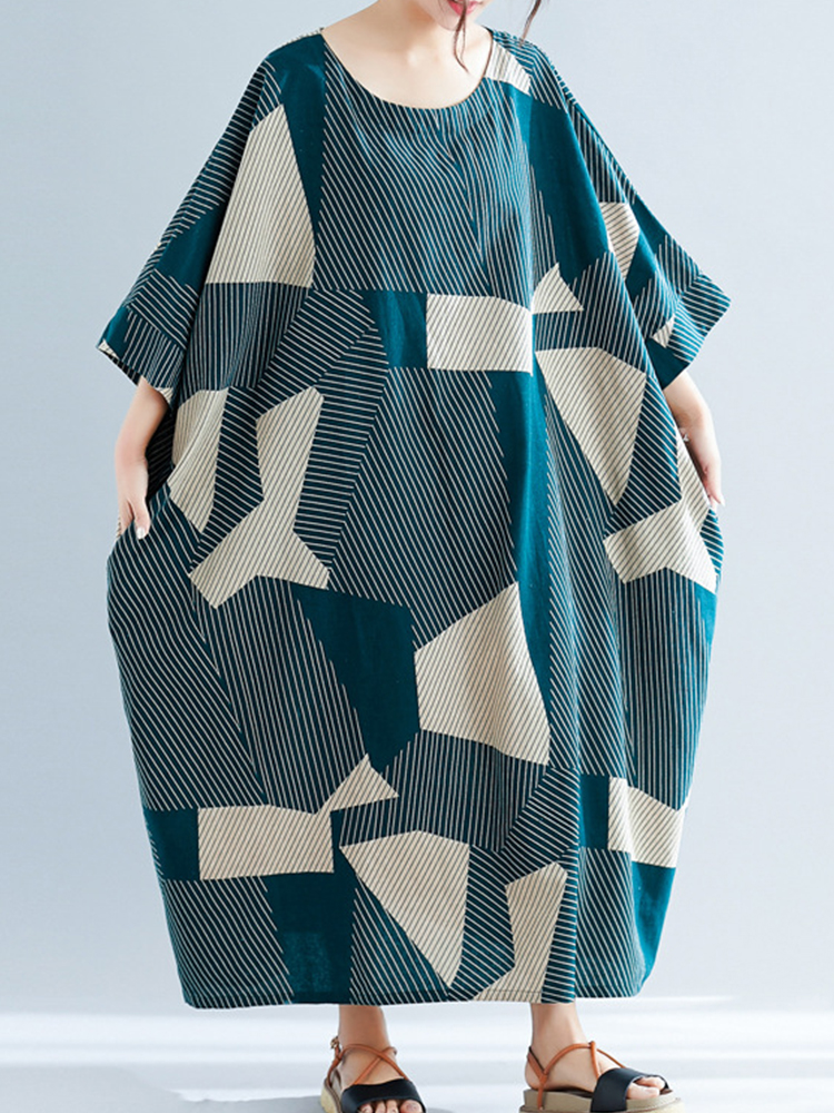 

Casual Geometric Print 3/4 Sleeve Oversize Maxi Dress