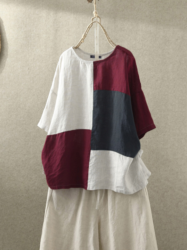 

Short Sleeve O-neck Patchwork Loose Causal Blouse