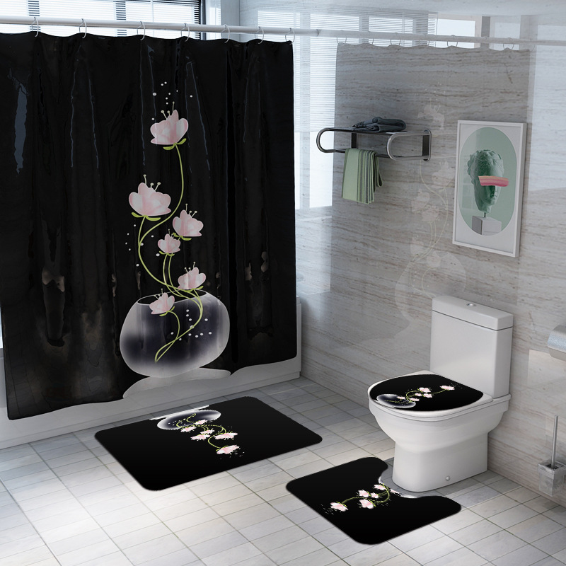 

Lotus Printed Shower Curtain Non-Slip Pedestal Rug Lid Toilet Cover Bathroom Mat