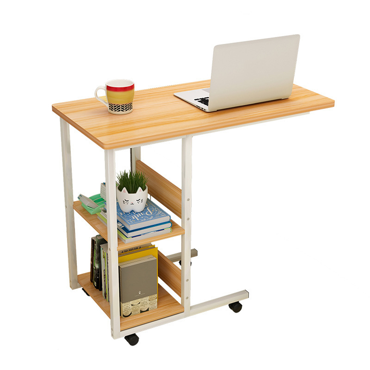 

Multifunctional Movable Bedside Laptop Desk Computer Table Study Table Computer Stand with 2 Tiers Storage Shelves Bookshelf